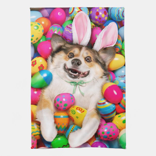 Dog Laying on Easter Eggs Kitchen Towel (Vertical)