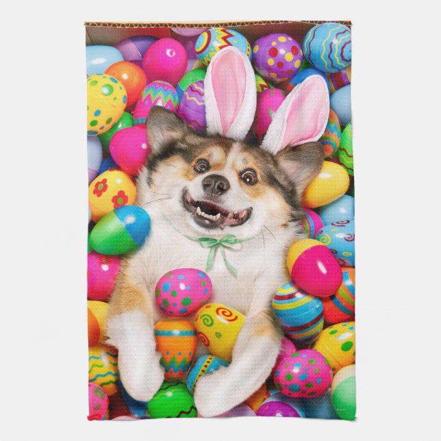 Dog Laying on Easter Eggs Kitchen Towel (Vertical)