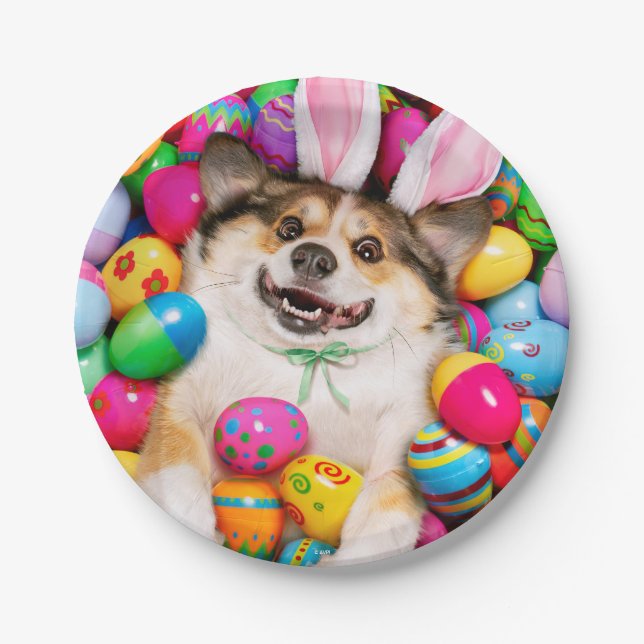 Dog Laying on Easter Eggs Paper Plates (Front)
