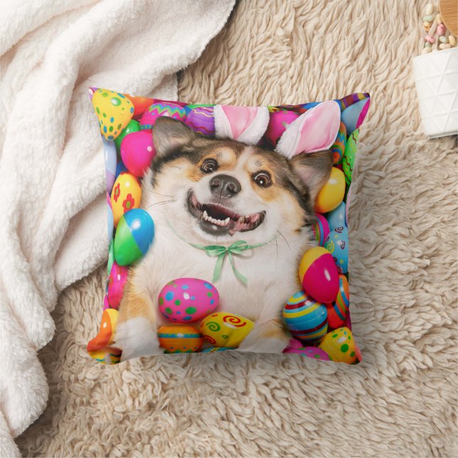 Dog Laying on Easter Eggs Throw Pillow (Blanket)