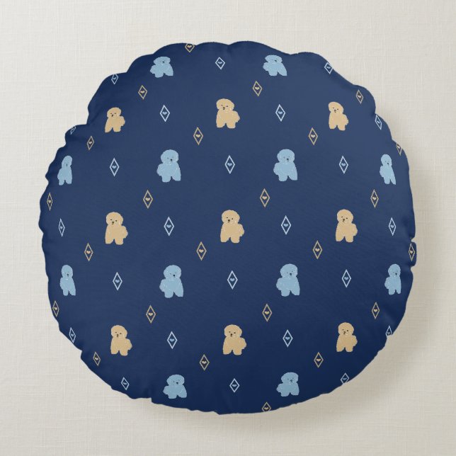 Dog Lhasa Apso pattern blue background Round Pillow (Front)