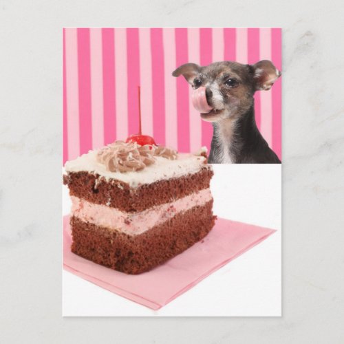 Dog licking his lips looking at cake postcard