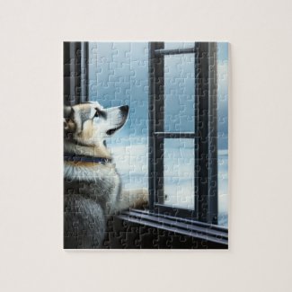 colorful dog looking out of the window puzzle art
