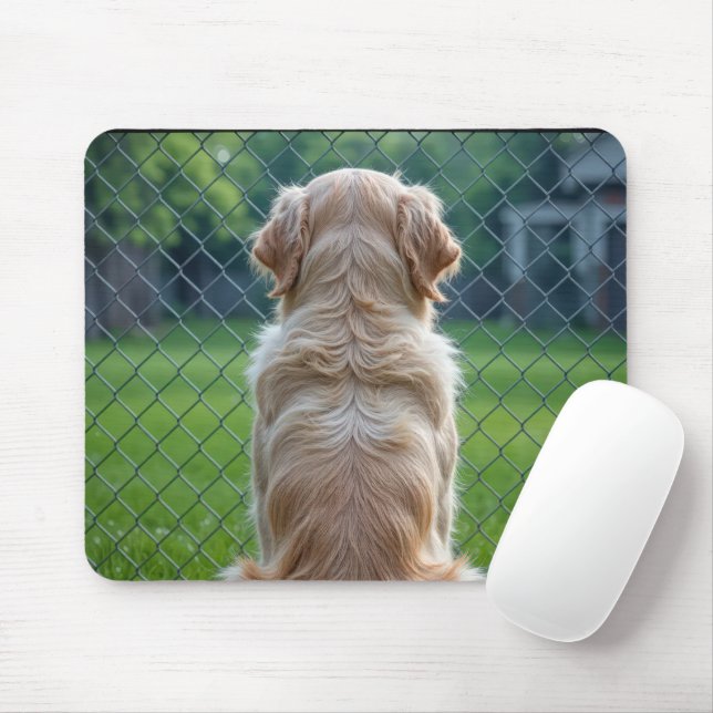 Dog Looking Through a Chain-Link Fencing Mouse Pad (With Mouse)
