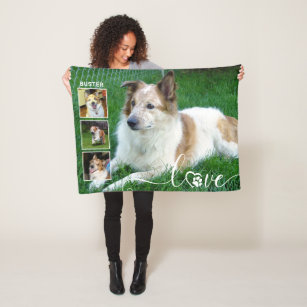 Dog LOVE 4 Photo Paw Print Heart Name Fleece Blanket