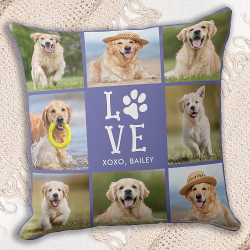 Dog LOVE Custom 8 Pet Photo Collage Paw Print  Throw Pillow