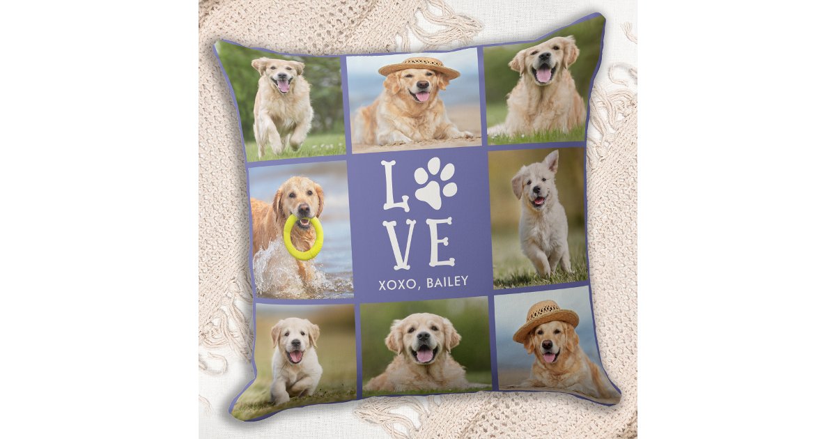 Dog LOVE Custom 8 Pet Photo Collage Paw Print Throw Pillow | Zazzle