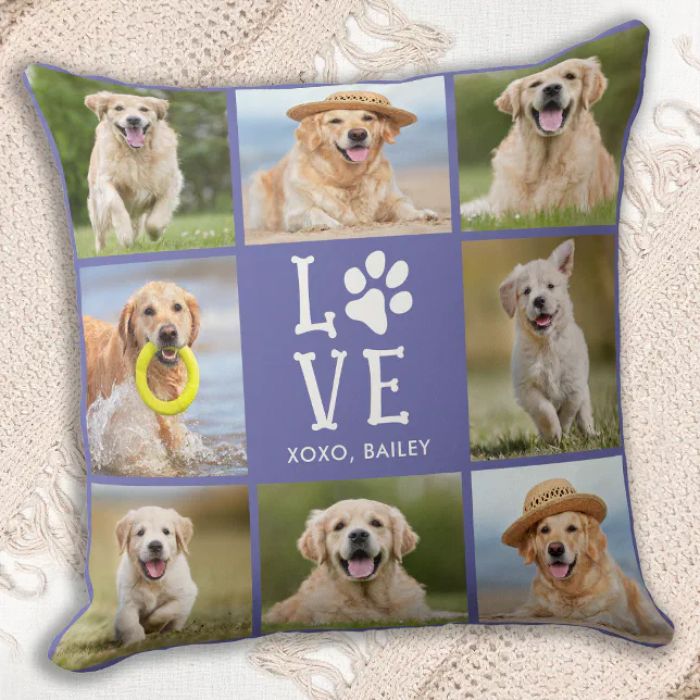 Dog LOVE Custom 8 Pet Photo Collage Paw Print Throw Pillow | Zazzle
