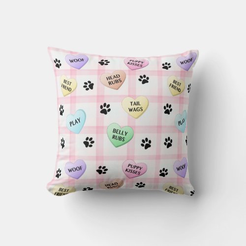 Dog Love Hearts Paw Prints Throw Pillow