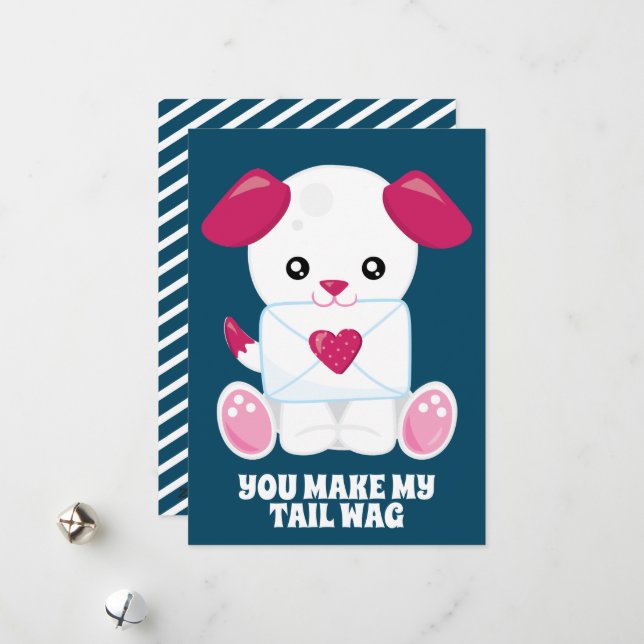 Dog Love Letter Blue Pink Custom Text Valentine's Holiday Card (Front/Back In Situ)