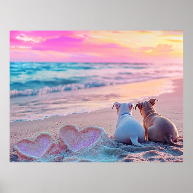 Dog Love on the Beach, Hearts Poster (Front)