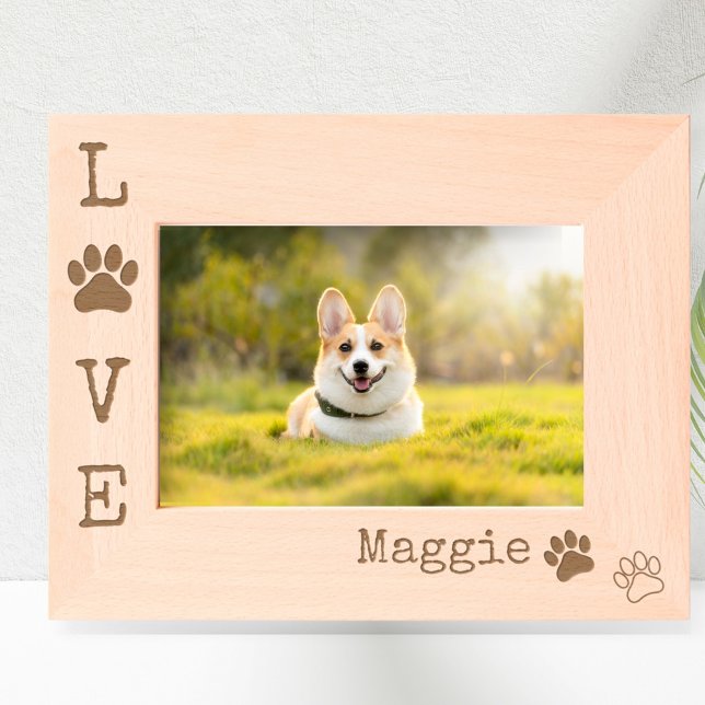 Dog LOVE Paw Print Modern Personalized Photo Engraved Frames (Personalized LOVE paw print photo frame.)