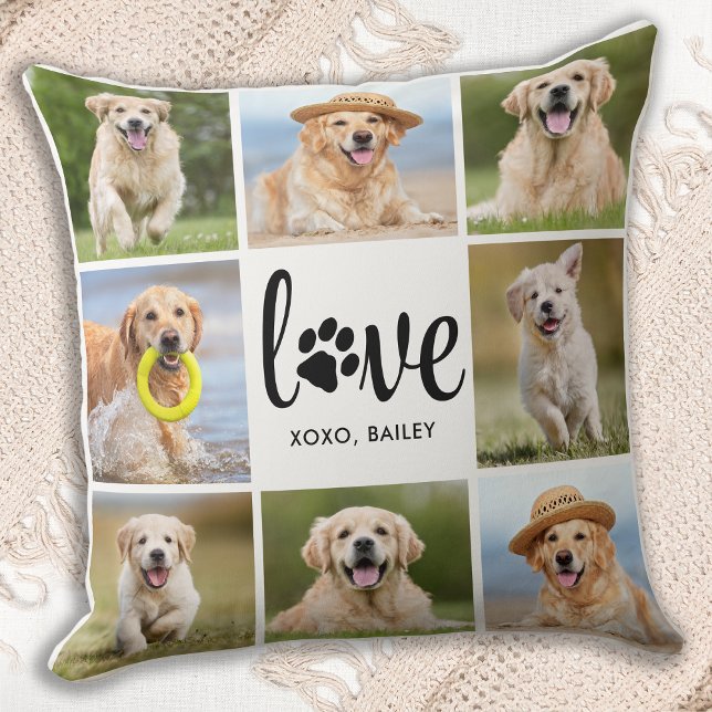 Dog LOVE Paw Print Personalized Pet Photo Collage Throw Pillow (Creator Uploaded)