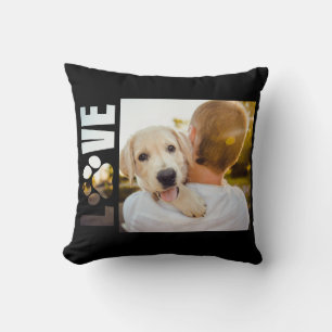Dog Love Photo Paw Print Black White Throw Pillow