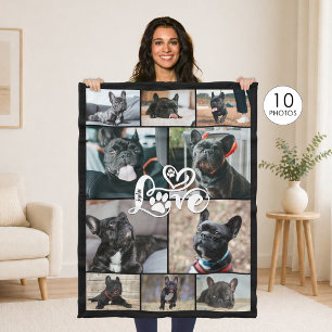Dog Lover 10 Photo Collage LOVE Paw Print Name Fleece Blanket