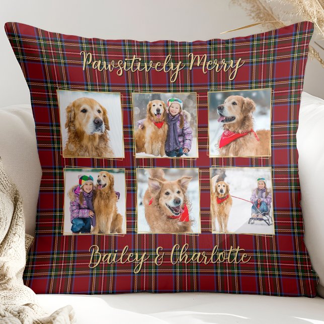 Dog Lover 6 Photo Personalized Plaid Christmas Throw Pillow (Creator Uploaded)