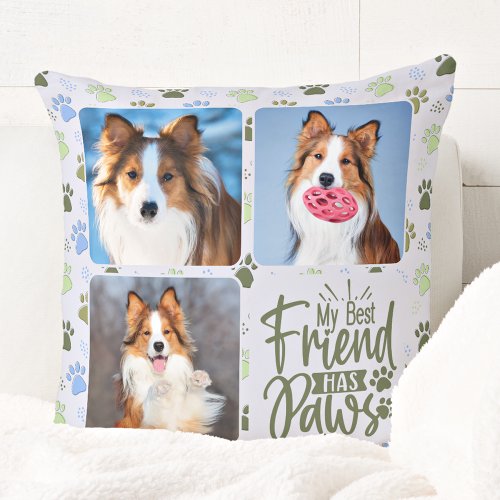 Dog Lover Best Friend 3 Photo Cute Paw Prints Throw Pillow