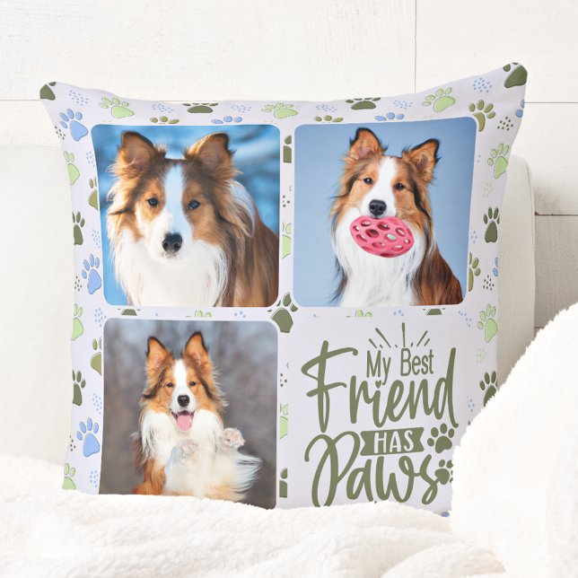 Dog Lover Best Friend 3 Photo Cute Paw Prints Throw Pillow (Creator Uploaded)
