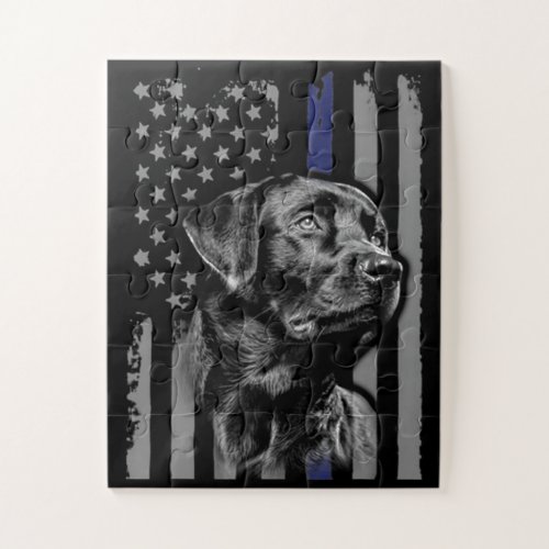 Dog Lover  Black Labrador American Flag Thin Line Jigsaw Puzzle