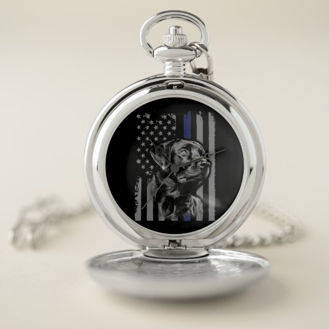 Dog Lover | Black Labrador American Flag Thin Line Pocket Watch (Inside)