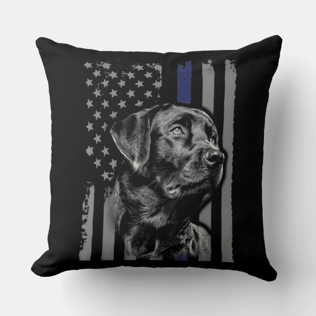Dog Lover | Black Labrador American Flag Thin Line Throw Pillow (Front)