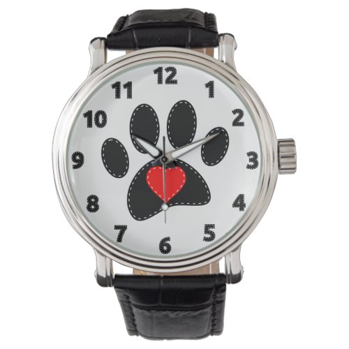 Dog Lover Black Paw Red Heart Watch