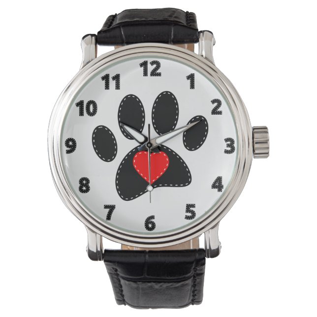 Dog Lover Black Paw Red Heart Watch (Front)