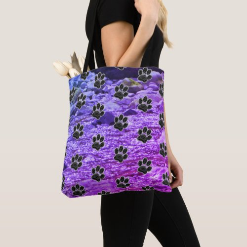 Dog Lover Blue Purple Clouds Black Puppy Paw Print Tote Bag