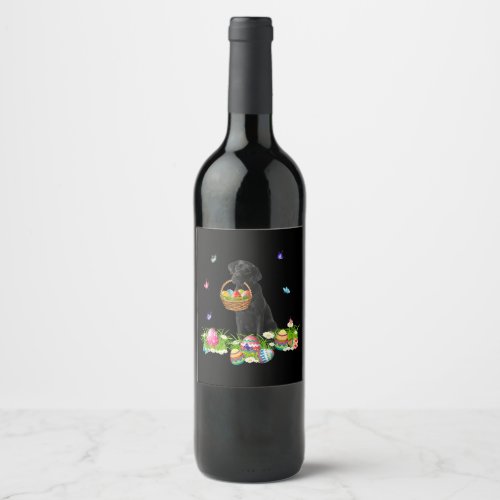 Dog Lover  Bunny Black Labrador Dog  Easter Eggs Wine Label