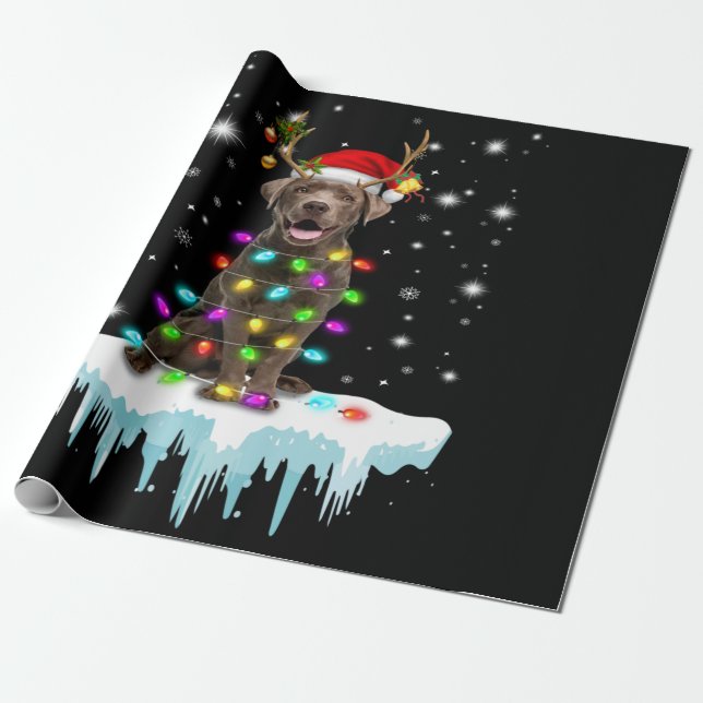 Dog Lover | Chocolate Labrador Christmas Light Wrapping Paper (Unrolled)