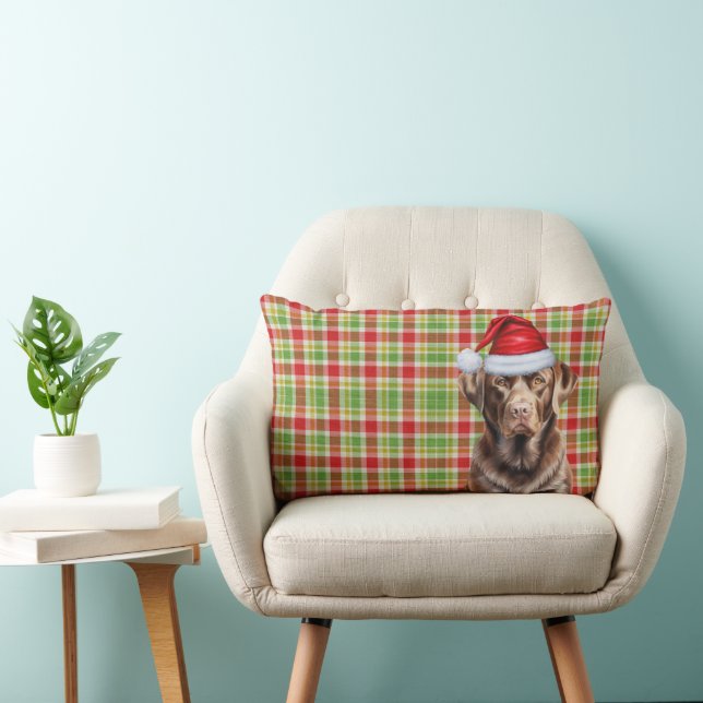 Dog Lover Chocolate Labrador Red Plaid Holiday Lumbar Pillow (Chair)