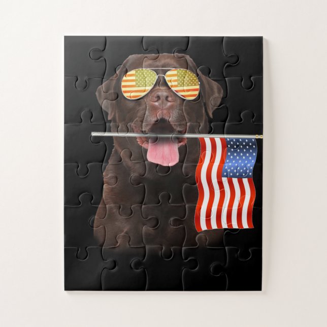 Dog Lover | Chocolate Labrador USA American Flag Jigsaw Puzzle (Vertical)