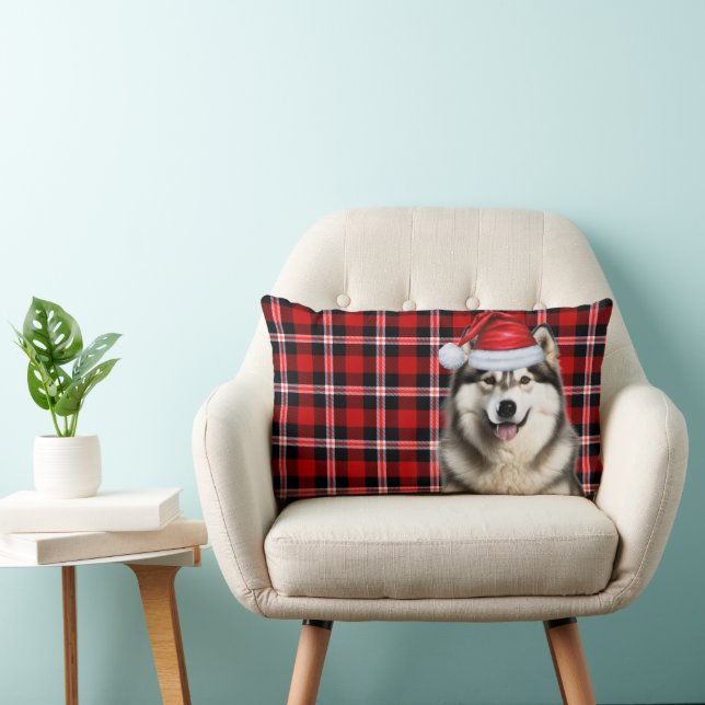 Dog Lover Christmas Alaskan Malamute Holiday Plaid Lumbar Pillow (Chair)
