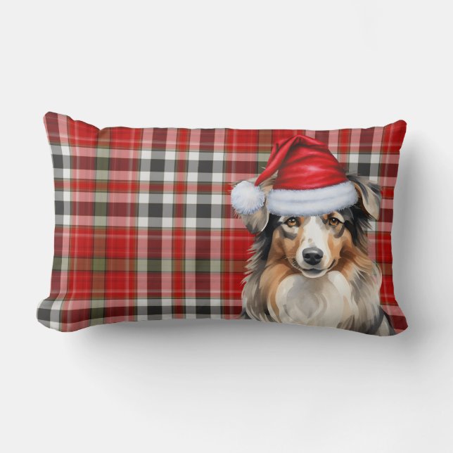 Dog Lover Christmas Australian Shepherd Red Plaid Lumbar Pillow (Front)