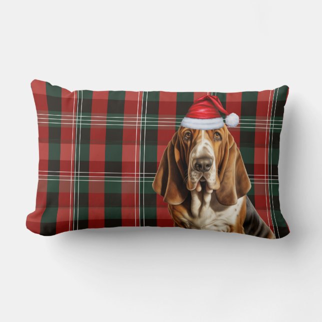Dog Lover Christmas Basset Hound Holiday Plaid Lumbar Pillow (Front)