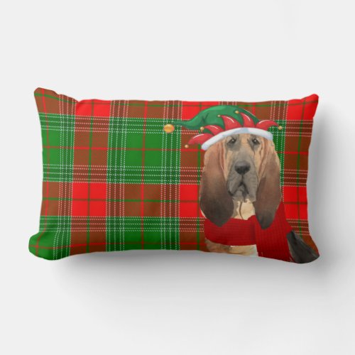 Dog Lover Christmas Bloodhound and Holiday Plaid Lumbar Pillow