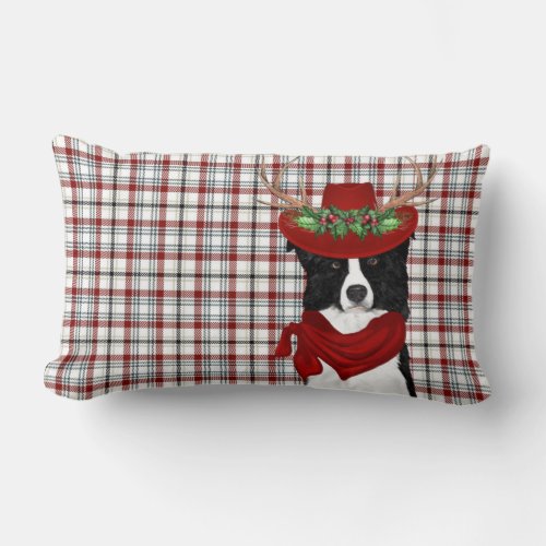Dog Lover Christmas Border Collie Western Plaid Lumbar Pillow