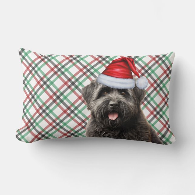 Dog Lover Christmas Bouvier Dog and Holiday Plaid Lumbar Pillow (Front)
