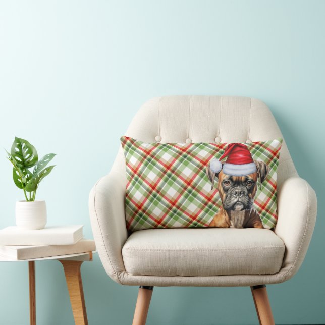 Dog Lover Christmas Boxer Dog and Holiday Plaid Lumbar Pillow (Chair)