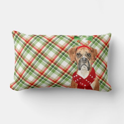 Dog Lover Christmas Boxer Dog and Holiday Plaid Lumbar Pillow