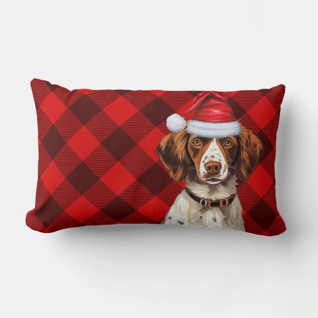 Dog Lover Christmas Brittany Spaniel Holiday Plaid Lumbar Pillow (Front)
