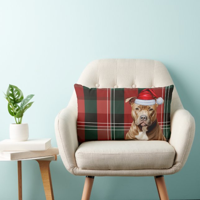 Dog Lover Christmas Brown Pitbull Holiday Plaid Lumbar Pillow (Chair)