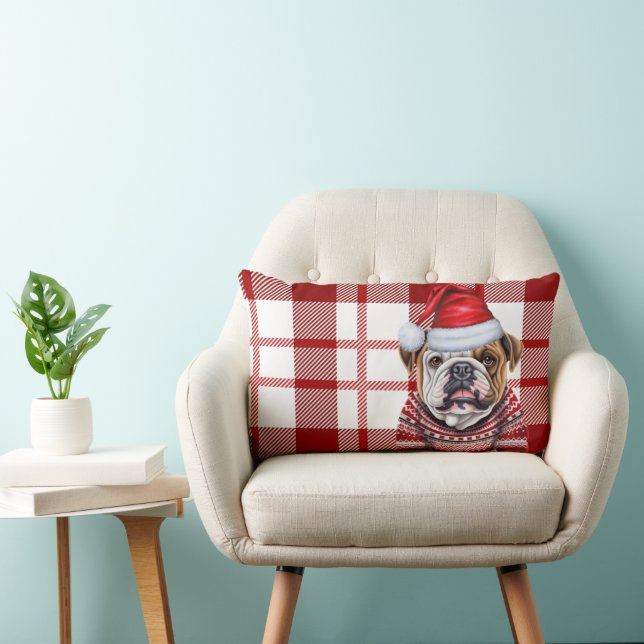 Dog Lover Christmas Bulldog Red Holiday Plaid Lumbar Pillow (Chair)
