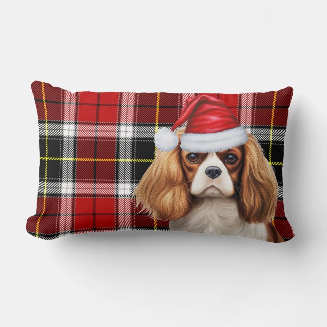 Dog Lover Christmas Cavalier Spaniel Festive Plaid Lumbar Pillow (Front)