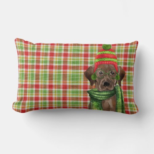 Dog Lover Christmas Chocolate Lab and Plaid Lumbar Pillow