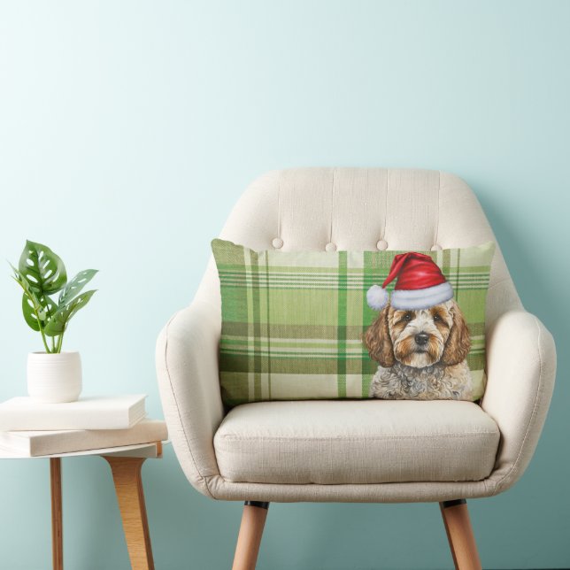 Dog Lover Christmas Cockapoo Green Holiday Plaid Lumbar Pillow (Chair)