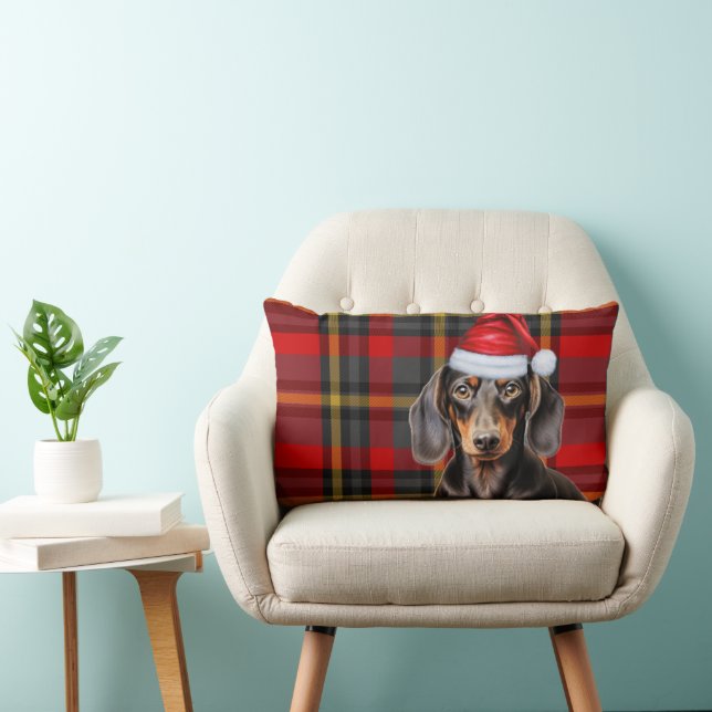 Dog Lover Christmas Dachshund Red Holiday Plaid Lumbar Pillow (Chair)