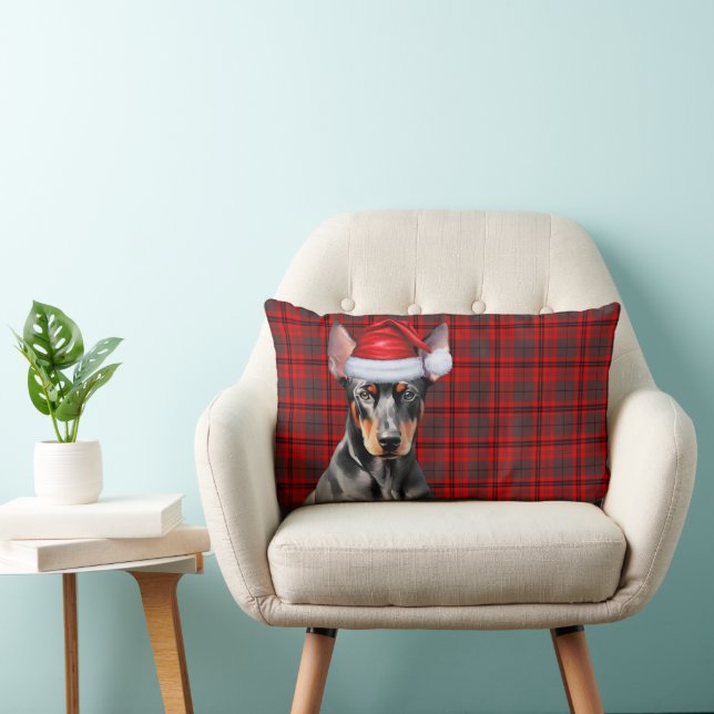 Dog Lover Christmas Doberman Red Holiday Plaid Lumbar Pillow (Chair)