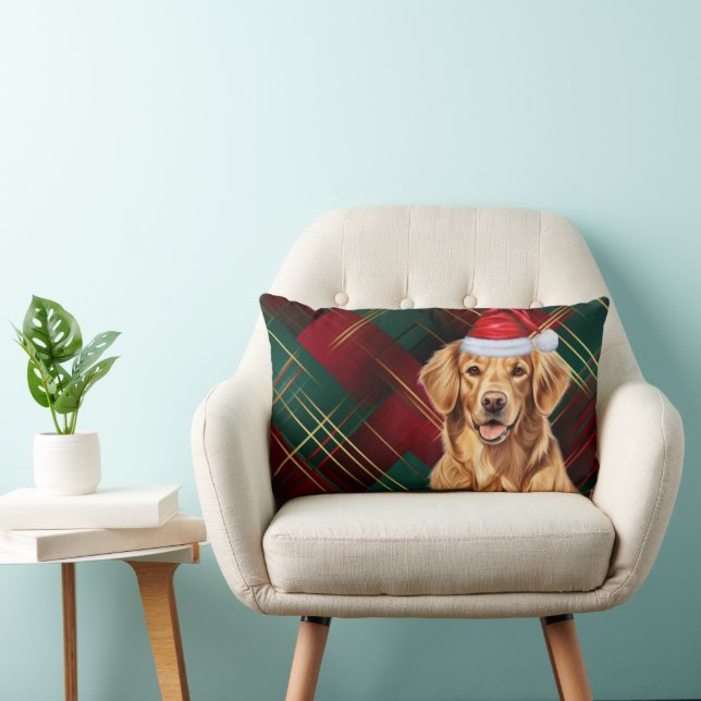 Dog Lover Christmas Golden Retriever Holiday Plaid Lumbar Pillow (Chair)