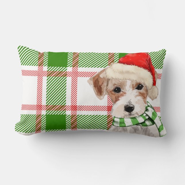 Dog Lover Christmas Jack Russell Terrier Plaid Lumbar Pillow (Front)